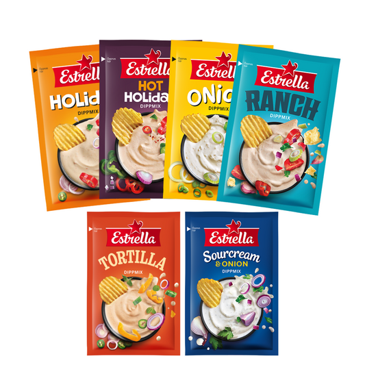 Schwedischer Dip für Chips, Estrella, verschiedene Geschmacksrichtungen, Sauerrahm, Zwiebel, Tortilla, Feiertag, Ranch