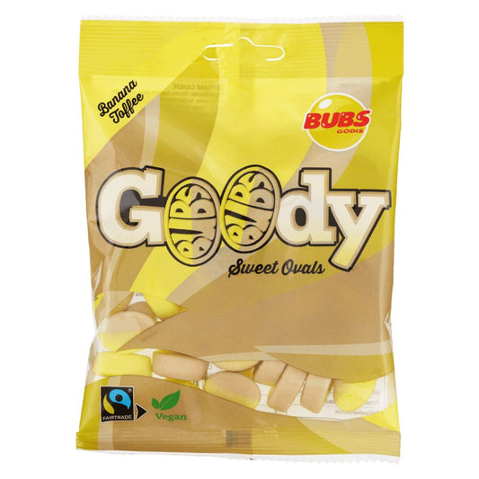 BUBS Goody Banana Toffee – Vegane schwedische Süßigkeiten, Kaubonbons mit Bananen- und Toffeegeschmack, skandinavische Leckereien, vegane Gourmet-Süßigkeiten