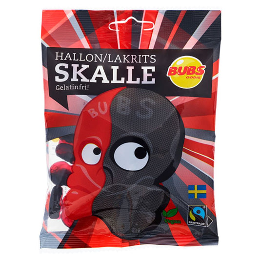 Swedish Bubs Himbeer-/Lakritz-Totenkopf-Bonbontüte – Schwedischer Süßigkeitenklassiker! Süße Himbeere trifft auf salziges Lakritz in perfekter Harmonie.