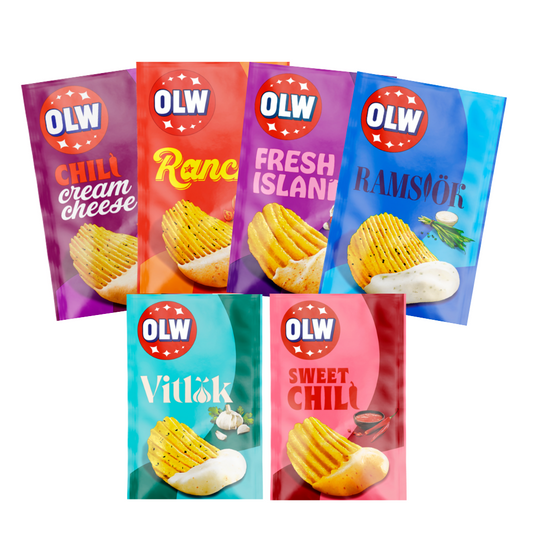 Schwedische Chip-Dips von OLW – Verschiedene Geschmacksrichtungen: Fresh Island, Wild Onion, Ranch, Sweet Chili &amp; Garlic