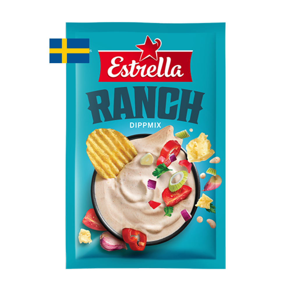 Schwedischer Dip für Chips, Estrella, verschiedene Geschmacksrichtungen, Sauerrahm, Zwiebel, Tortilla, Feiertag, Ranch