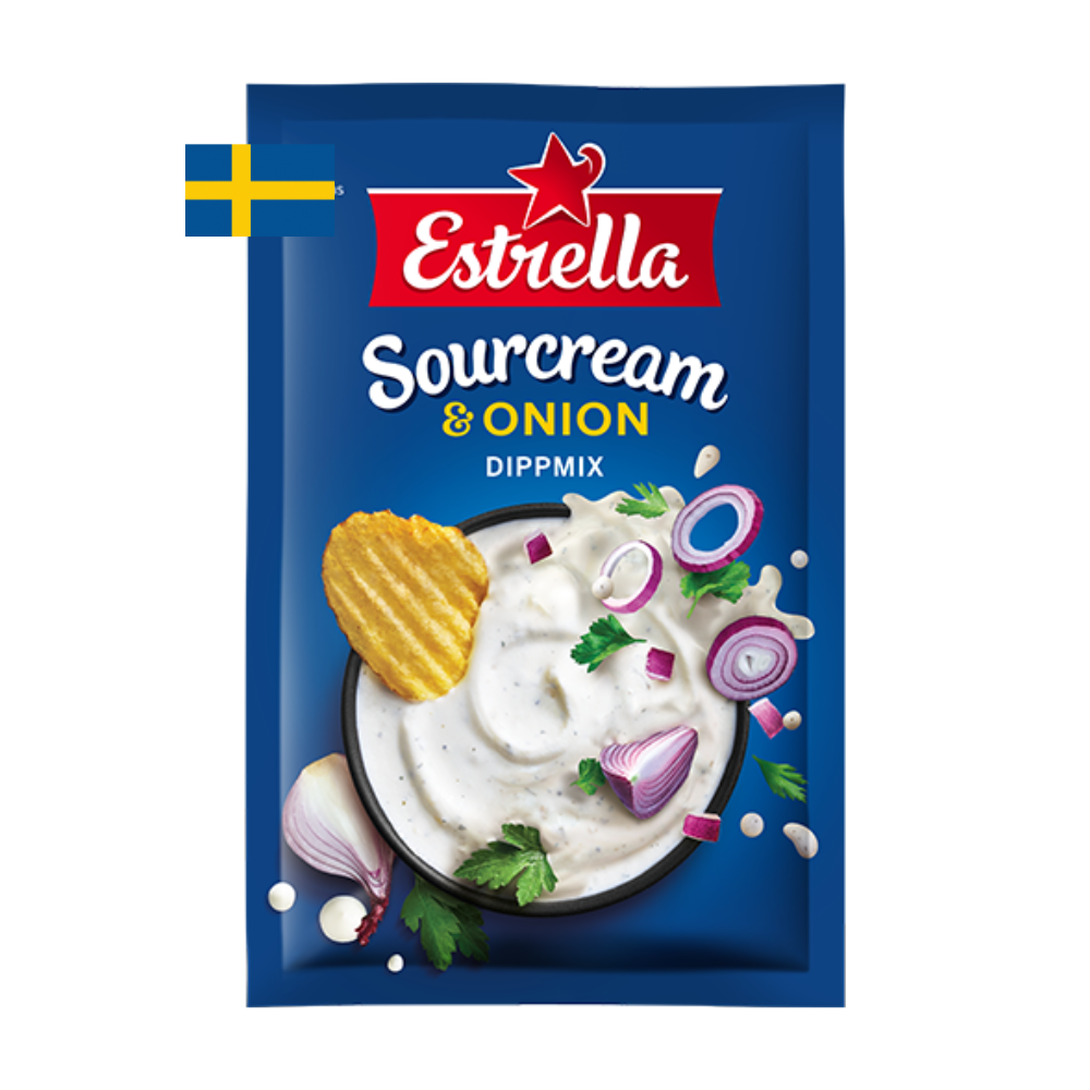 Schwedischer Dip für Chips, Estrella, verschiedene Geschmacksrichtungen, Sauerrahm, Zwiebel, Tortilla, Feiertag, Ranch