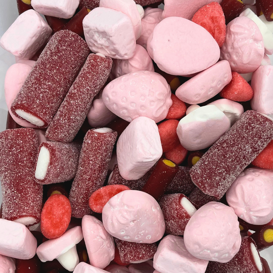 Schwedische Erdbeer-Bonbonmischung, Marshmallow, zäher und saurer Genuss
