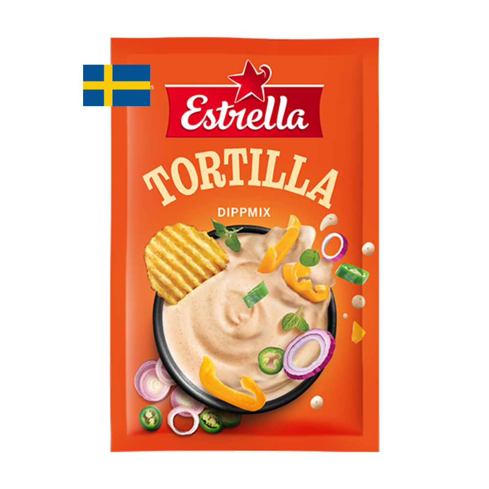 Schwedischer Dip für Chips, Estrella, verschiedene Geschmacksrichtungen, Sauerrahm, Zwiebel, Tortilla, Feiertag, Ranch