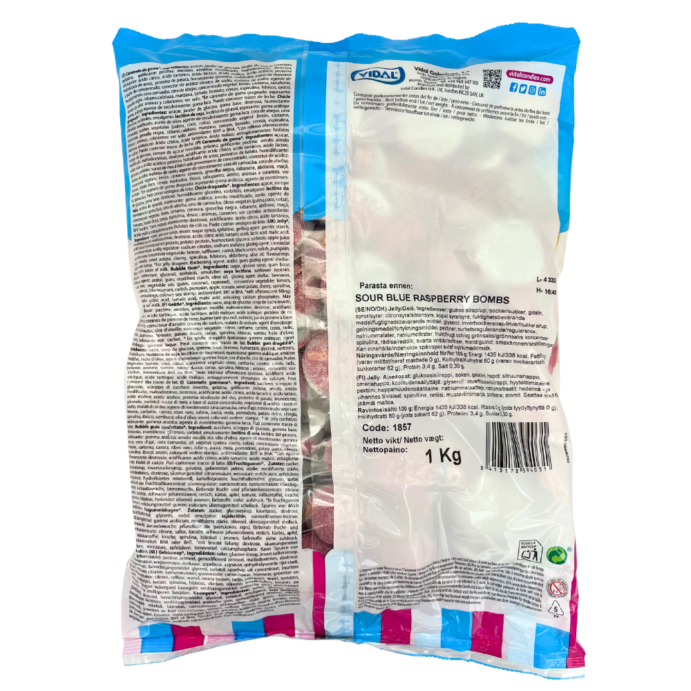 Vidal Sour Blue Raspberry Bombs – Tangy & Sour Candy, 2kg (4.4 lbs)