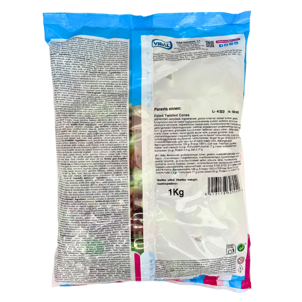 Fruktig fylte vridd kjegler – seig og myk godteri, 1 kg (2 lbs)