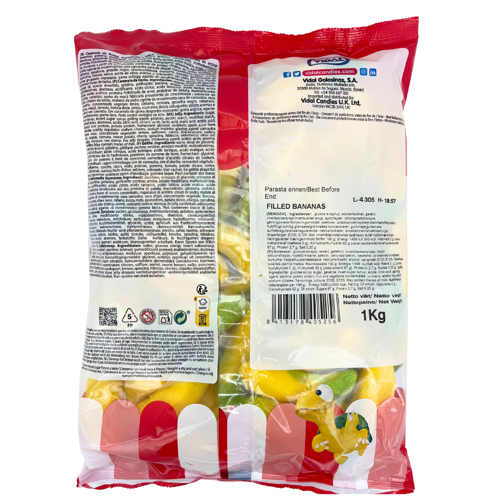Vidal Filled Bananas – Chewy Banana Candy with Creamy Filling, 1kg (2 lbs)