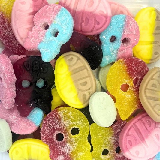 Schwedischer BUBS Mix Vegane Süßigkeiten Ovale Erdbeere Fruchtige Birne Himbeere Sauer Totenkopf Banane Toffee